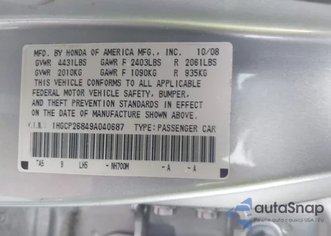 2009 Honda Accord 2.4 Ex-L from USA, damaged, VIN 1HGCP26849A040687